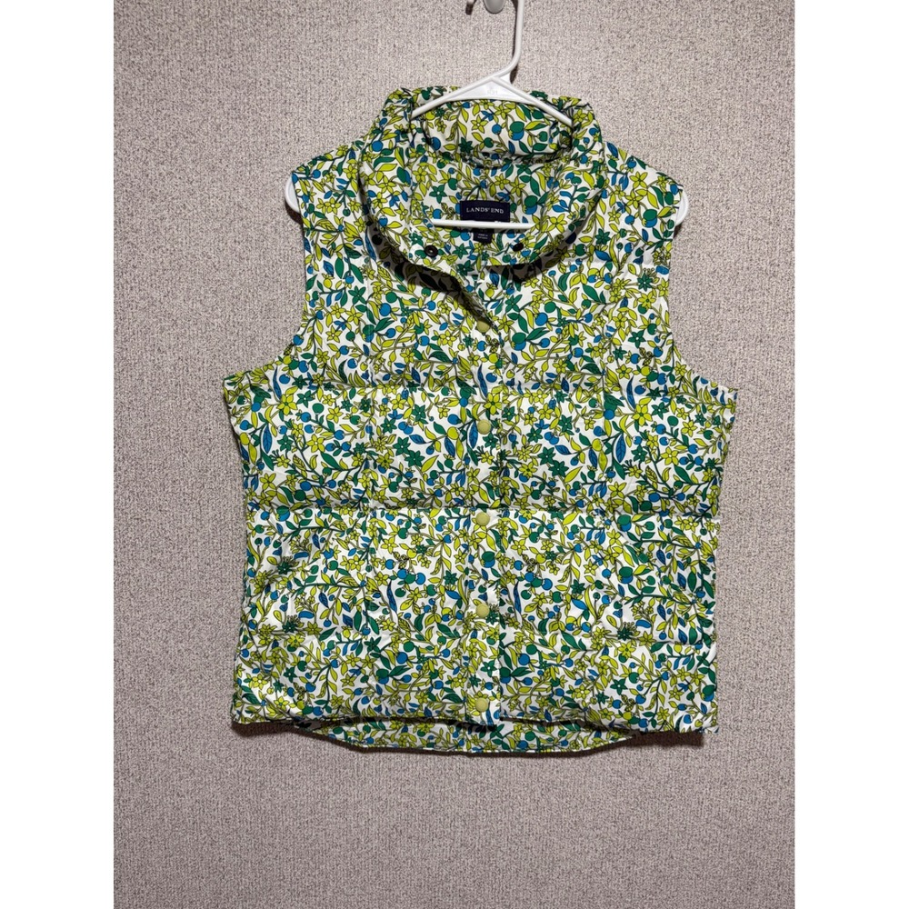 Lands End Womens Floral Down Puffer Vest Green Blue Quilted SnapFrontSize M10-12